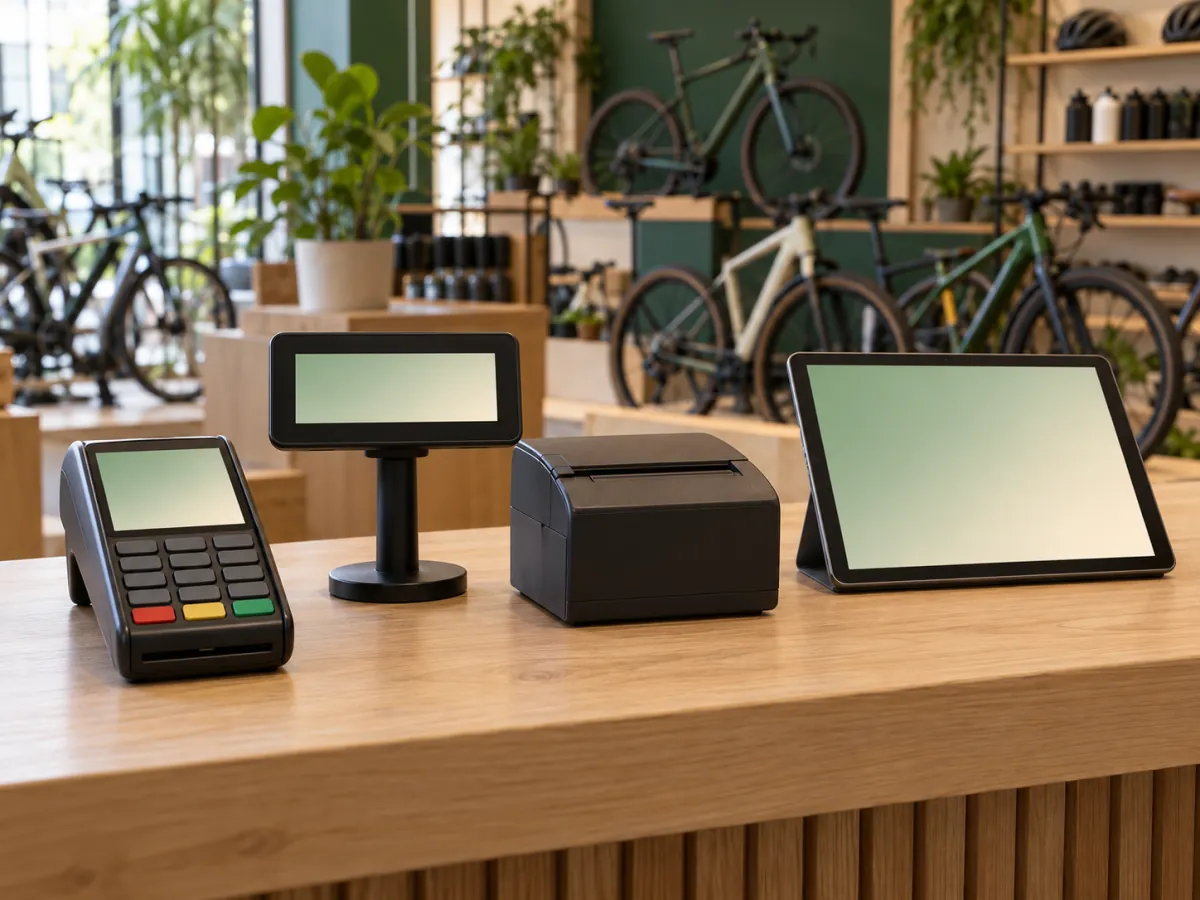 Sales counter of a bike shop with card terminal, customer display, receipt printer and tablet.