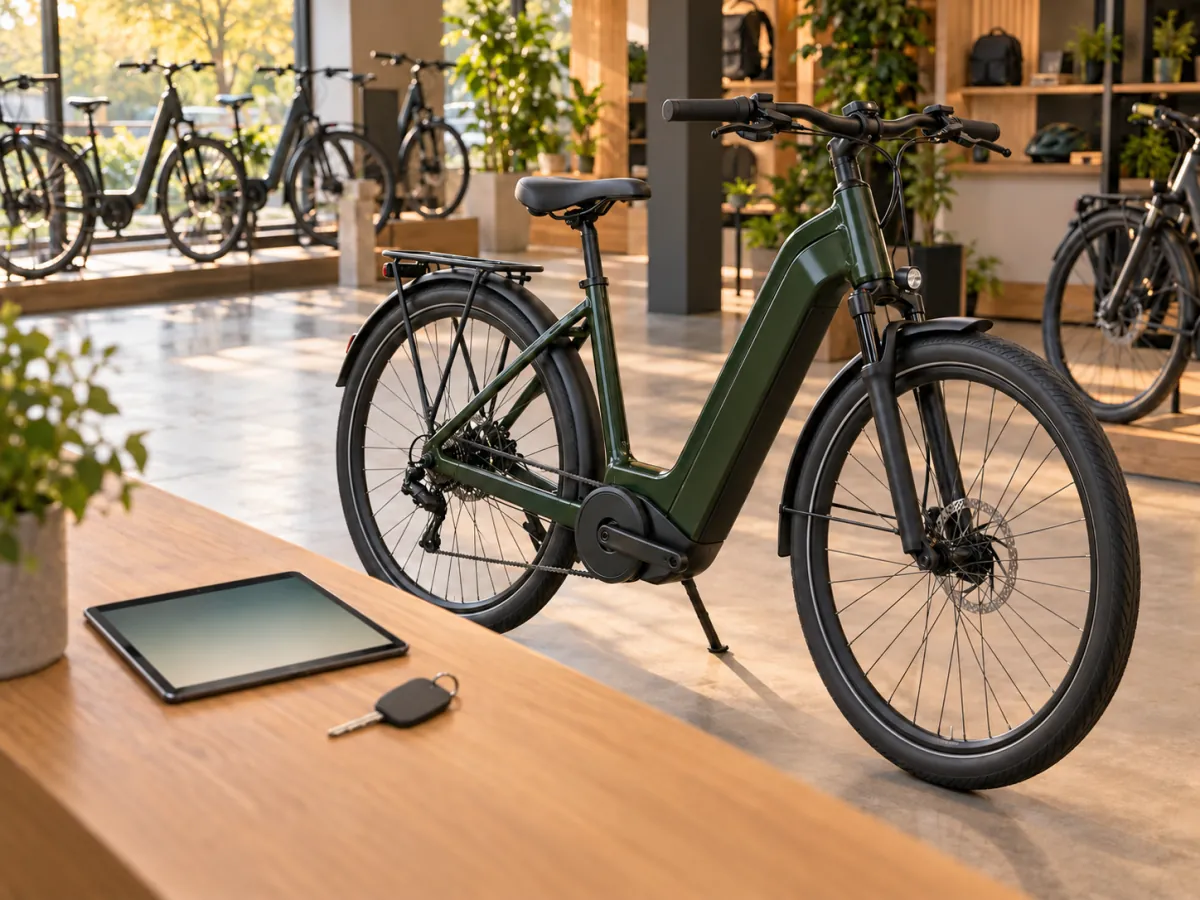 A new e-bike ready for handover at a sales counter, with a tablet and key next to it.