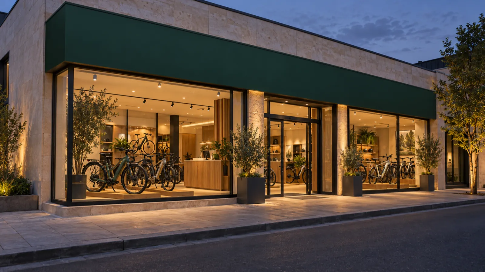 Facade of a modern bicycle store at dusk with an illuminated glass front.