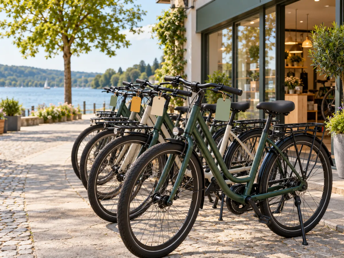 Row of rental bikes with handlebar tags in front of a bike shop on a lakeside promenade.