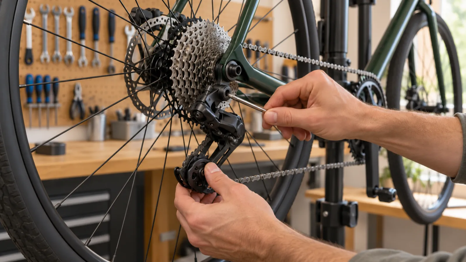 A mechanic’s hands adjusting a bicycle’s rear derailleur on a repair stand.